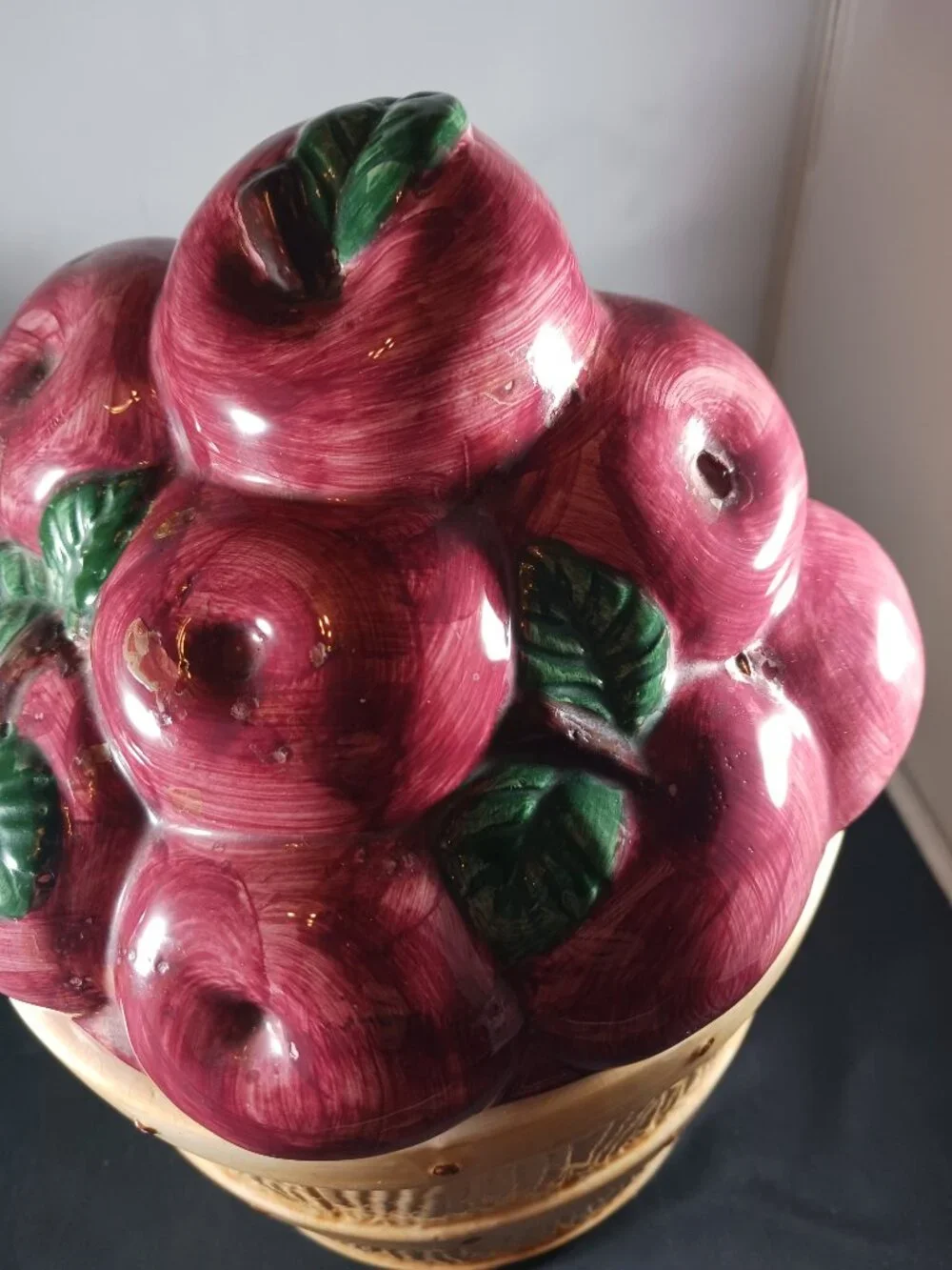 Vintage 10in Tall Ceramic Apple Basket Cookie Jar